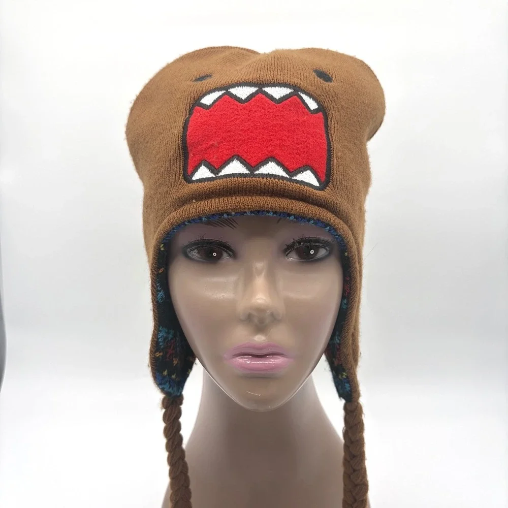 DOMO KUN Brown Knit Trapper Beanie with Braids and Aztec Pattern Y2K Rare‎